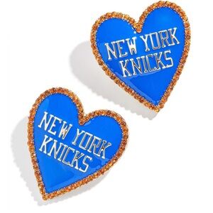New BaubleBar Blue and Gold Heart Stud Earrings with New York Knicks Logo